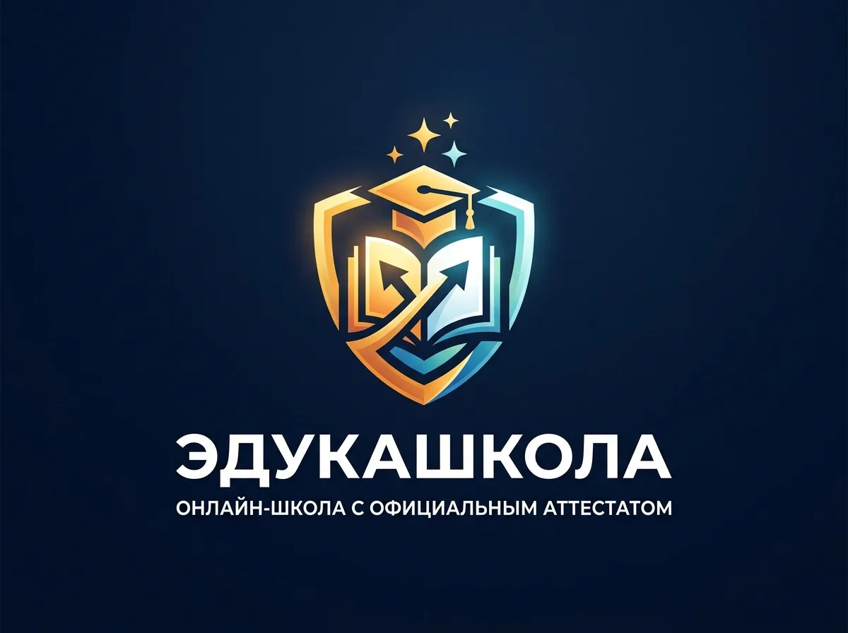 Логотип ЭдукаШколы — онлайн-школа с официальным аттестатом, логотип на тёмно-синем фоне