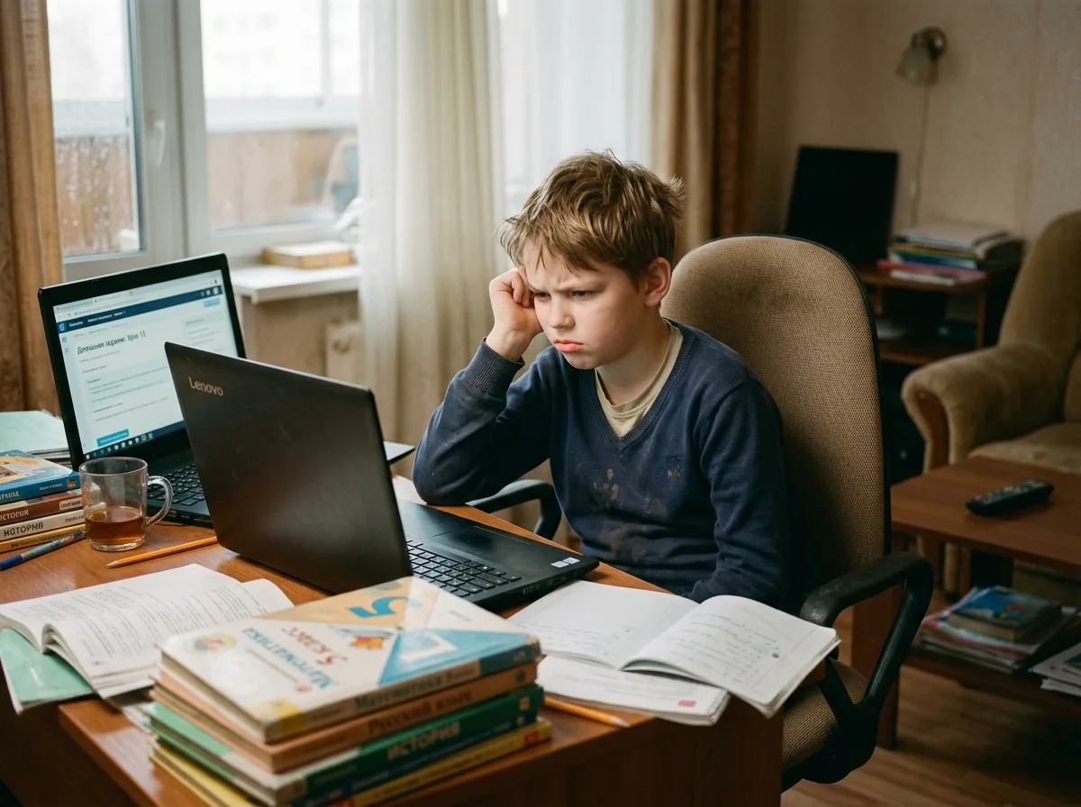Ребёнок 11 лет занимается за ноутбуком дома, недовольное выражение лица, заваленный учебниками стол, усталость от обычной школы