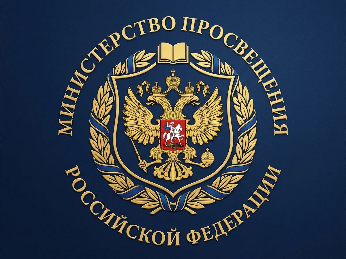 Логотип Министерства просвещения Российской Федерации, герб РФ на синем фоне, официальный символ